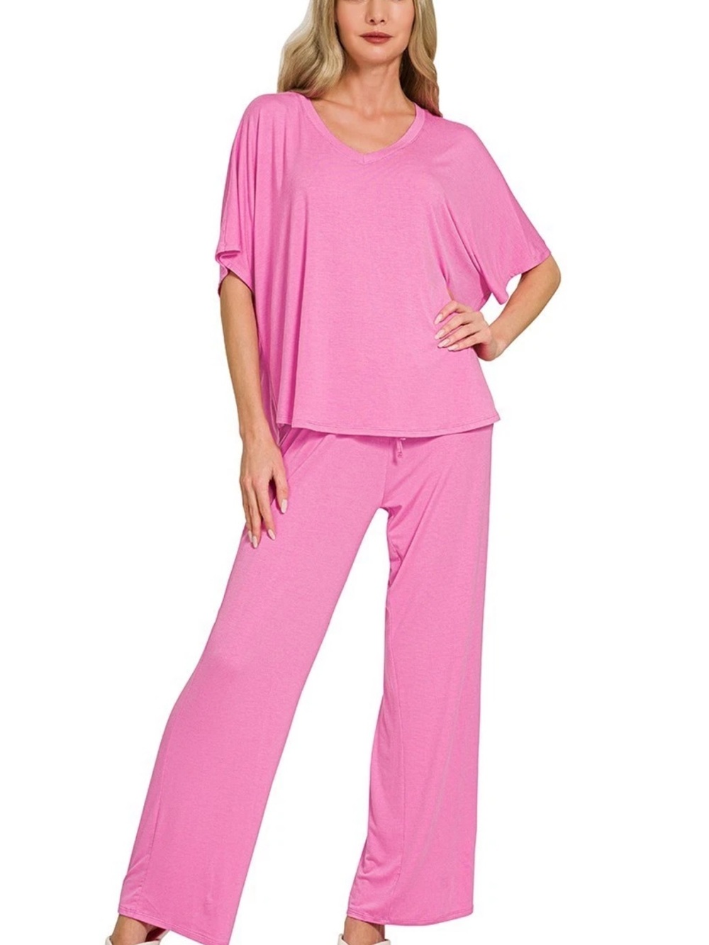 Zenana Outfitters Pink Relaxed V-Neck Pajama Set